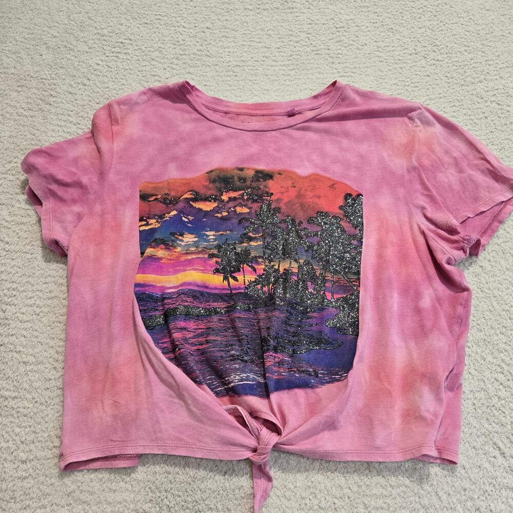 Guess Pink Tie-front Y2K Style Crop Top T-shirt with Beach Graphic Size XL